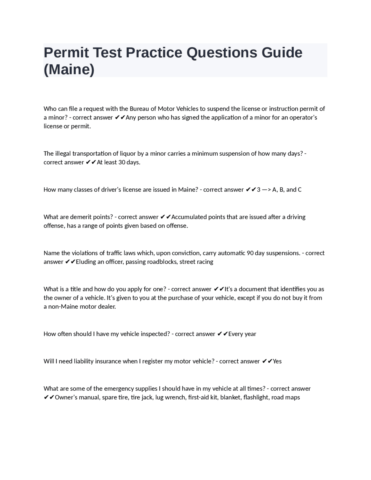 Permit Test Practice Questions Guide (Maine) with answers | Exams Nursing | Docsity