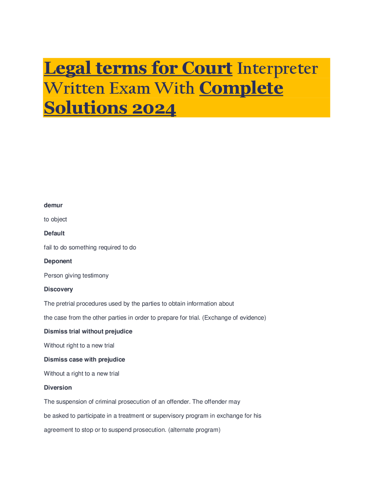 Legal terms for Court Interpreter Written Exam With Complete Solutions