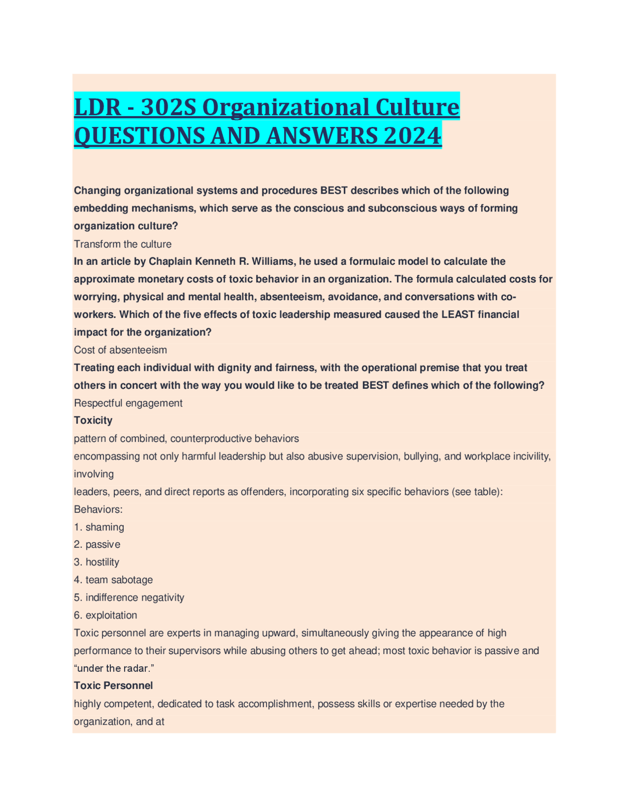 LDR - 302S Organizational Culture QUESTIONS AND ANSWERS 2024 | Exams Business Administration ...