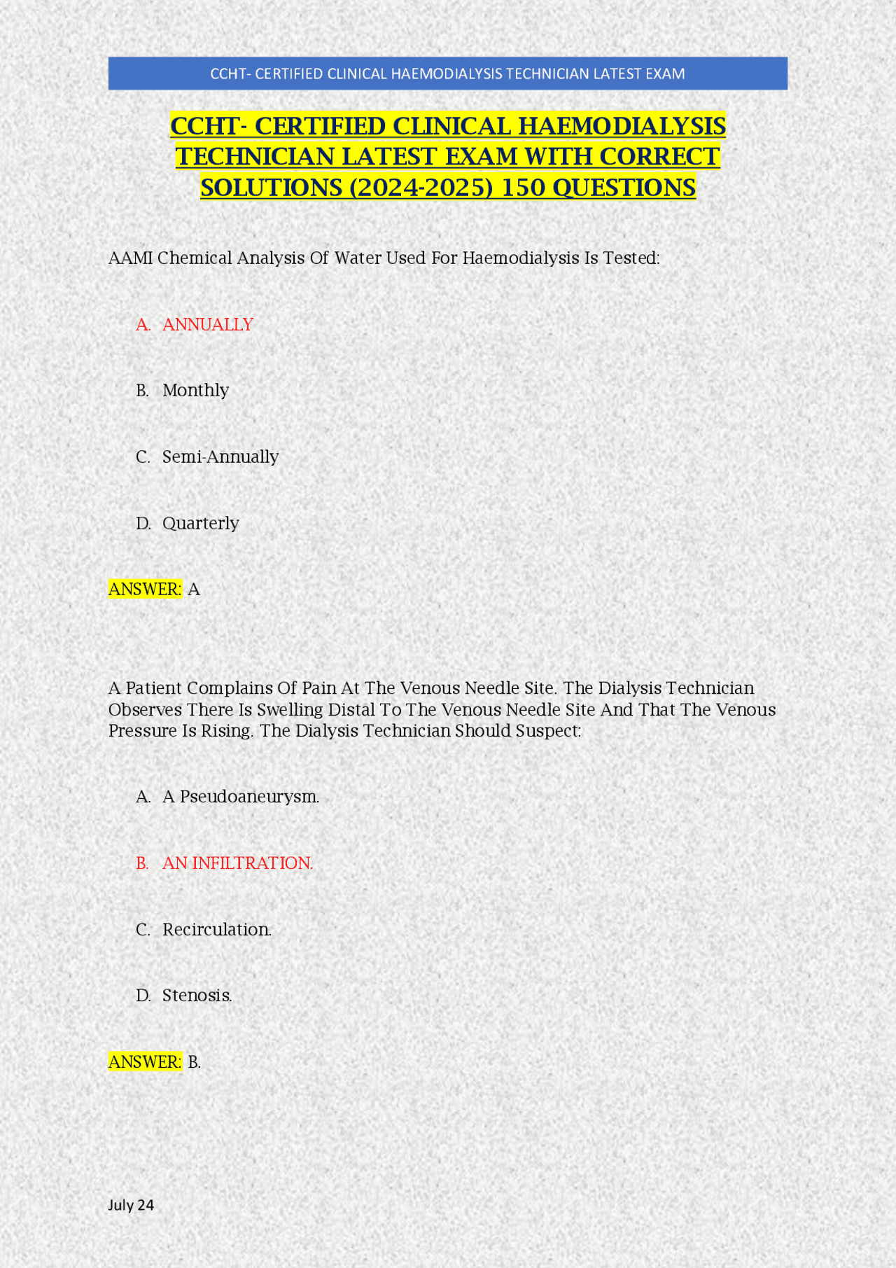 CCHT- CERTIFIED CLINICAL HAEMODIALYSIS TECHNICIAN LATEST EXAM WITH ...