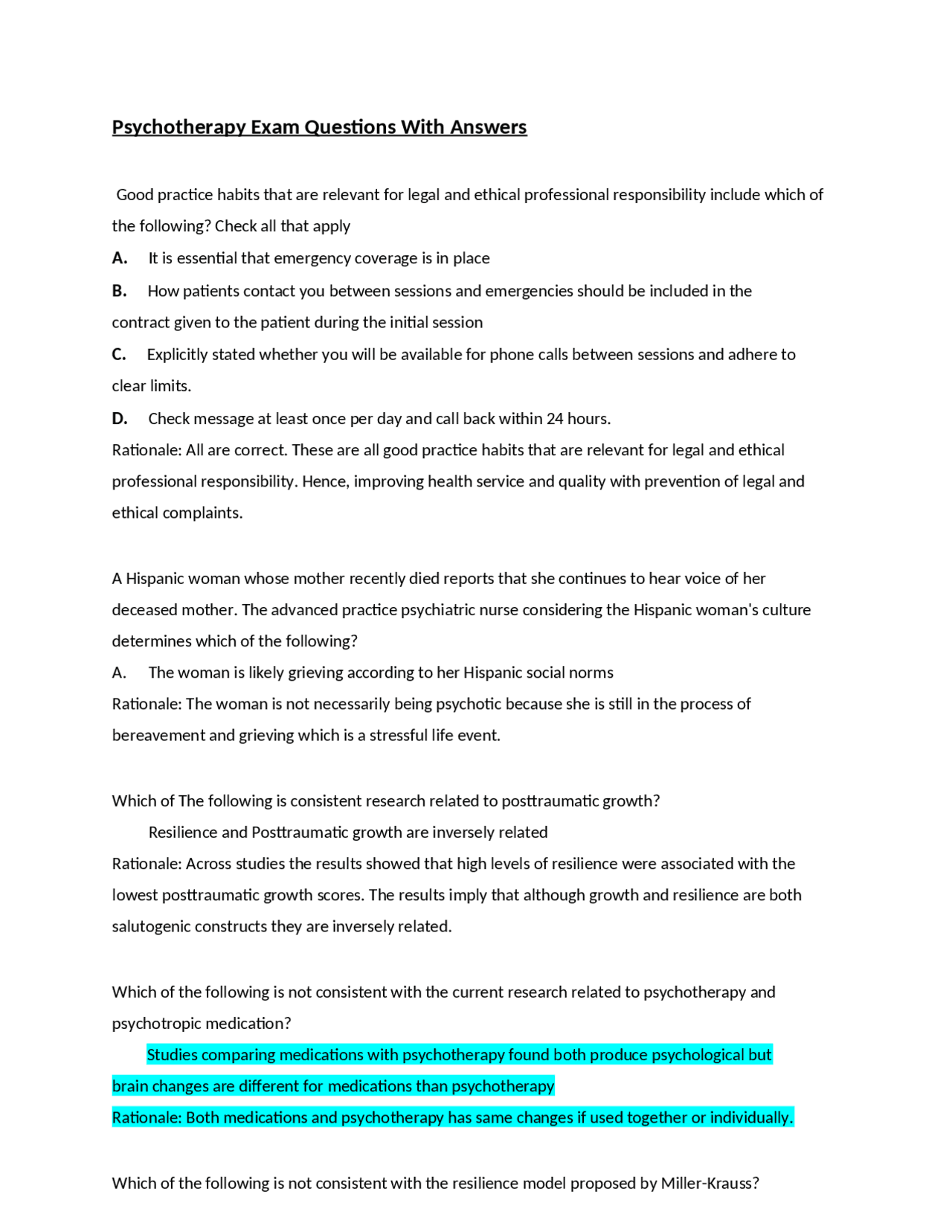 Psychotherapy Exam Questions With Answers | Exams Nursing | Docsity
