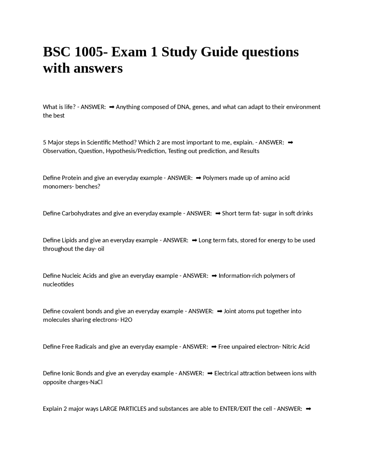 BSC 1005- Exam 1 Study Guide questions with answers | Exams Biology ...