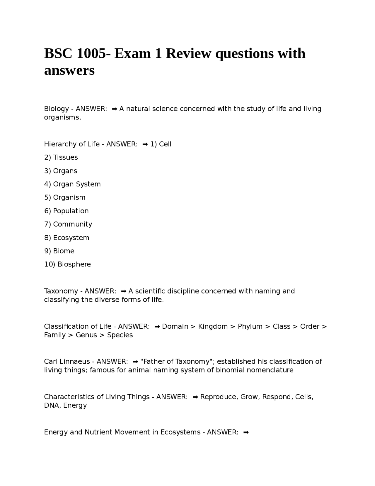 Exam 1 Review Questions and Answers in Biology | Exams Biology | Docsity