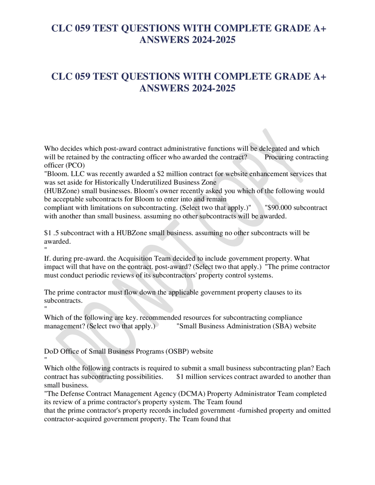 CLC 059 TEST QUESTIONS WITH COMPLETE GRADE A+ ANSWERS 2024-2025 | Exams ...