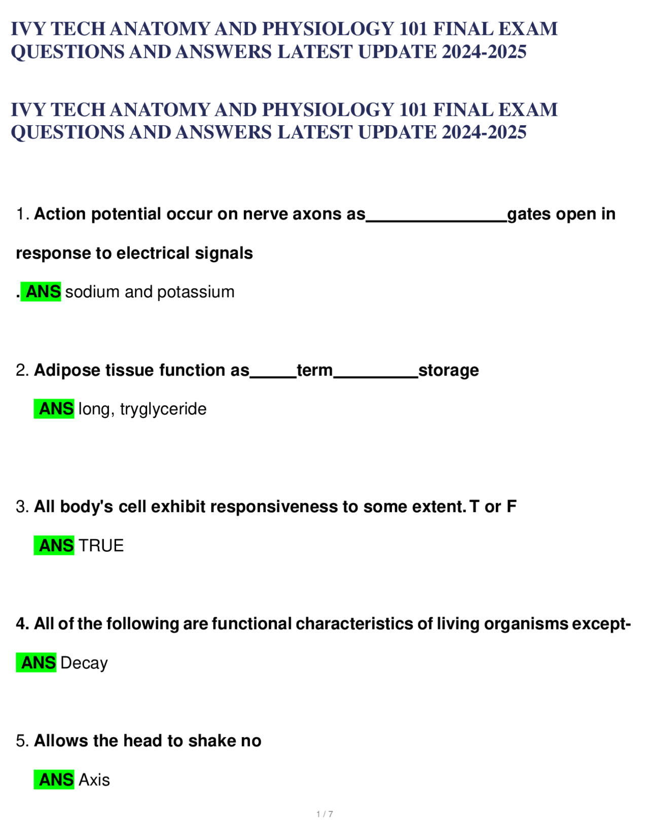 IVY TECH ANATOMY AND PHYSIOLOGY 101 FINAL EXAM QUESTIONS AND ANSWERS ...
