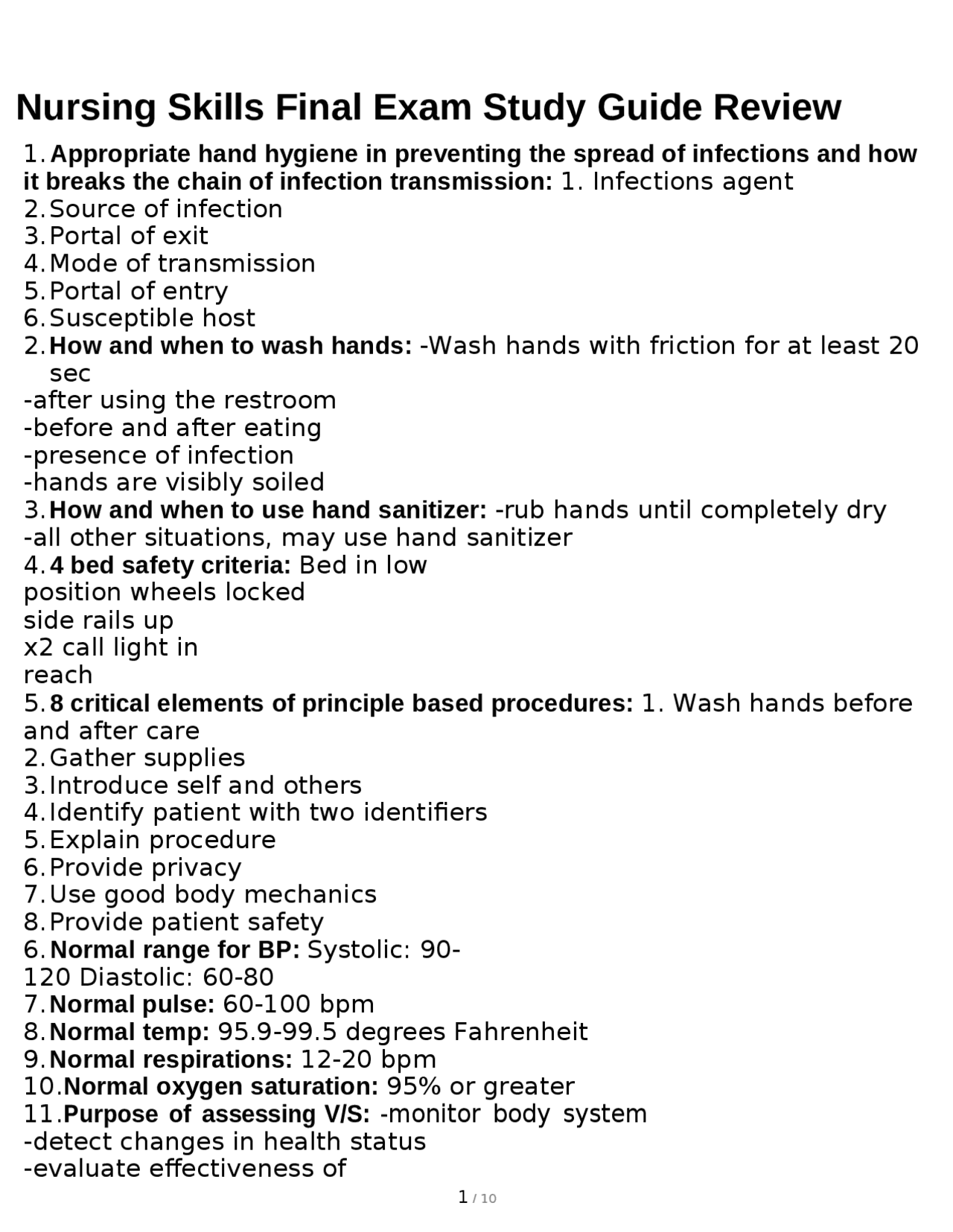 Nursing Skills Final Exam Study Guide Review | Exams Nursing | Docsity