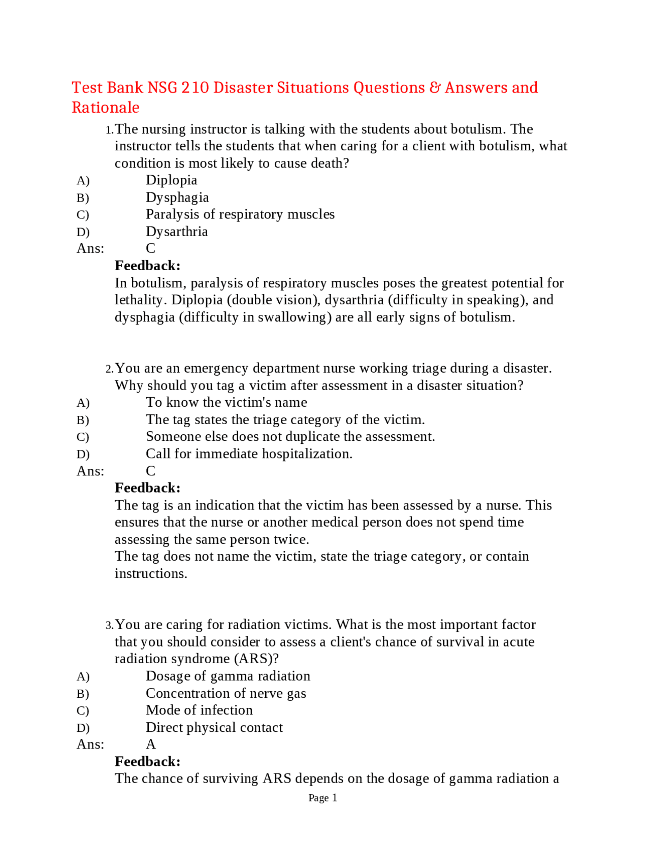 Disaster Preparedness and Response | Exams Nursing | Docsity