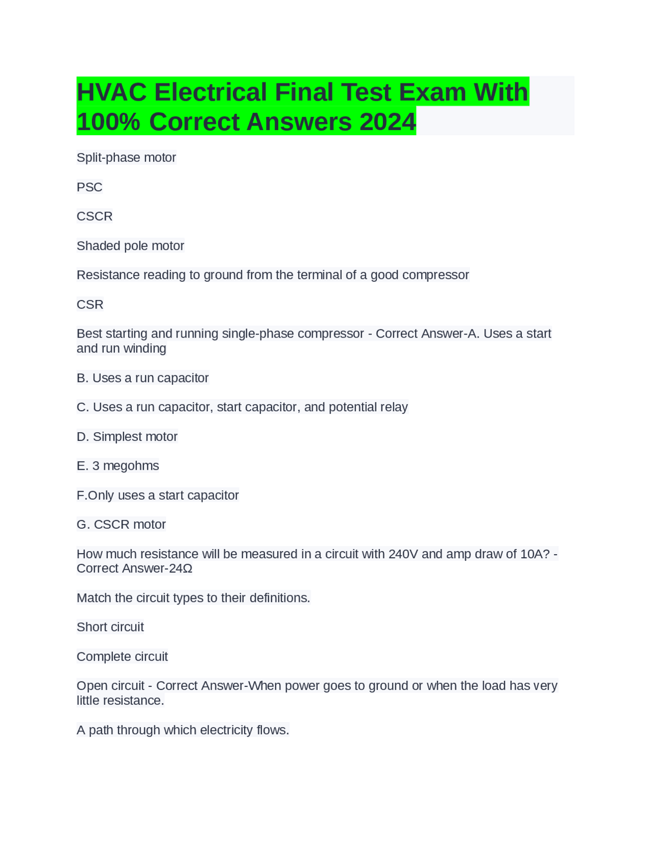 HVAC Electrical Final Test Exam With 100% Correct Answers 2024 | Exams ...