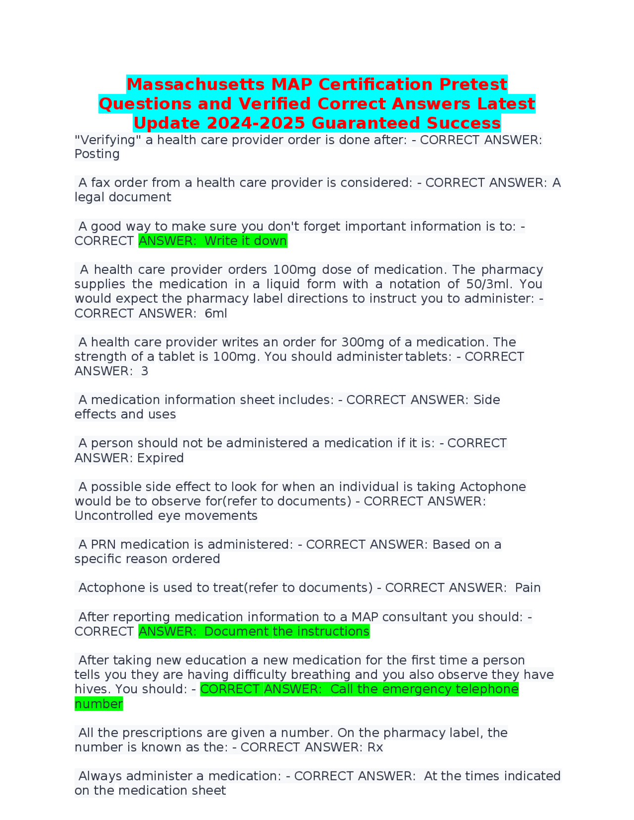 Massachusetts MAP Certification Pretest Questions and Verified Correct ...