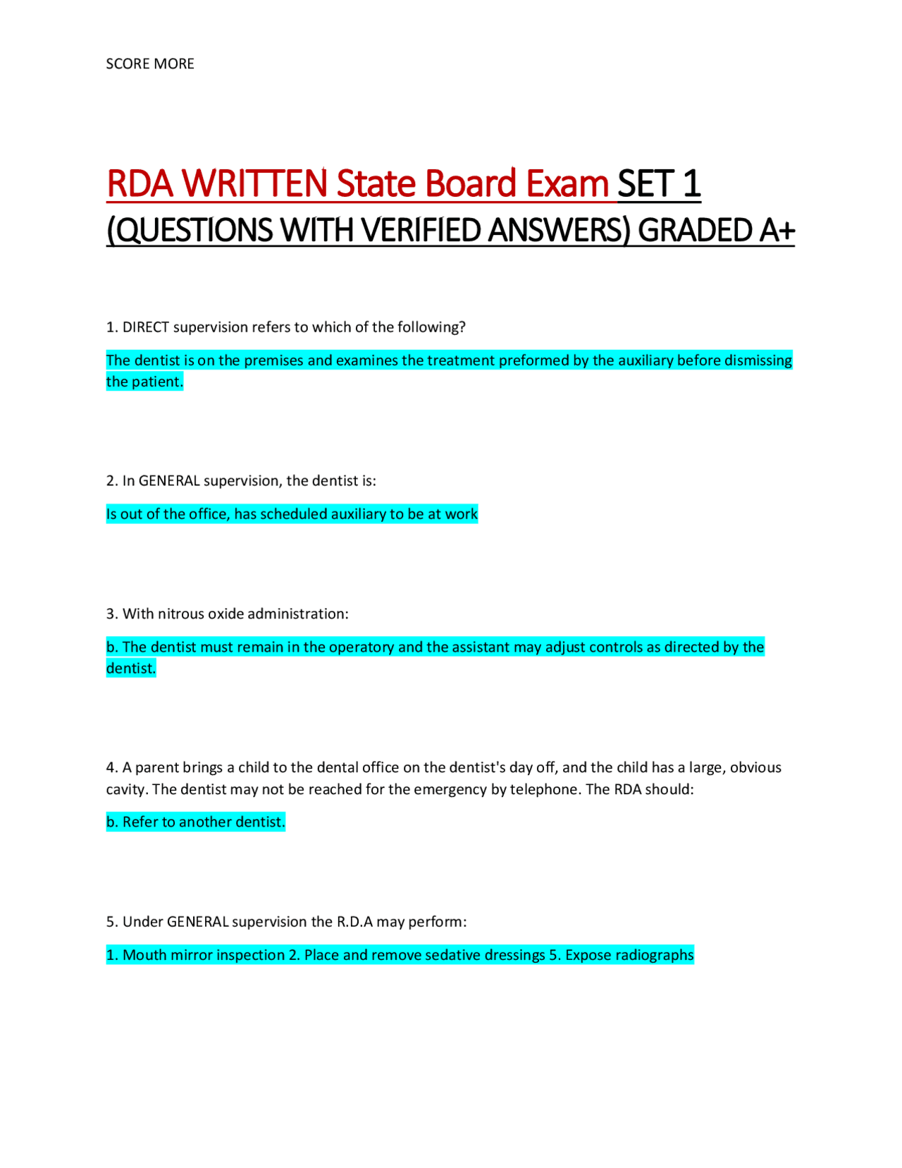 State Rda RDA WRITTEN State Board Exam SET 1 (QUESTIONS WITH VERIFIED ANSWERS ...