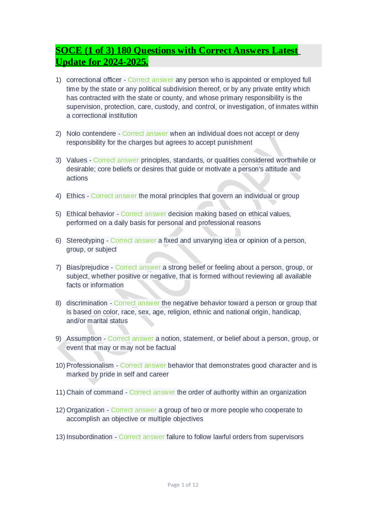 Soce Questions SOCE (1 of 3) 180 Questions with Correct Answers Latest Update for 2024 ...