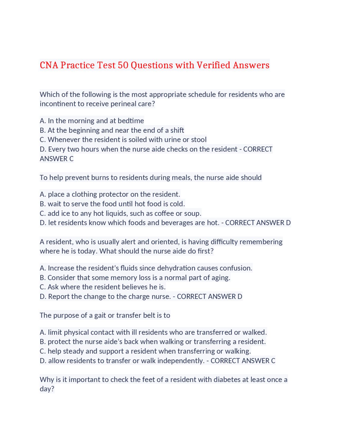 Cna Practice Test 50 Questions With Verified Answers 100 Correct Exams Nursing Docsity Cna Practice Test 50 Questions With Verified Answers 100 Correct Exams Nursing Docsity