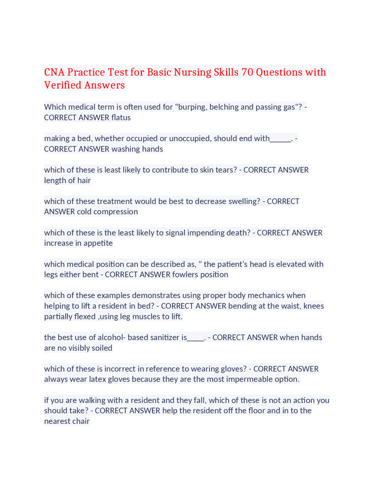 CNA Practice Test for Basic Nursing Skills | Exams Nursing | Docsity