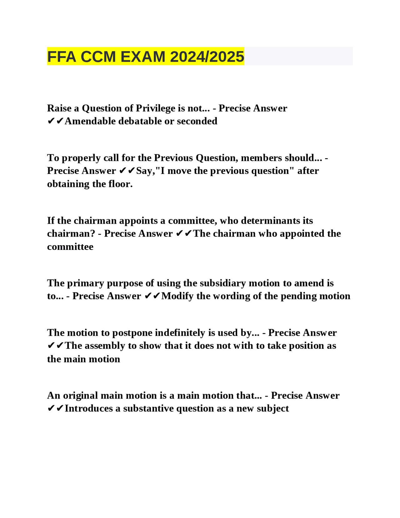 FFA Parliamentary Procedure Exam Preparation | Exams Nursing | Docsity