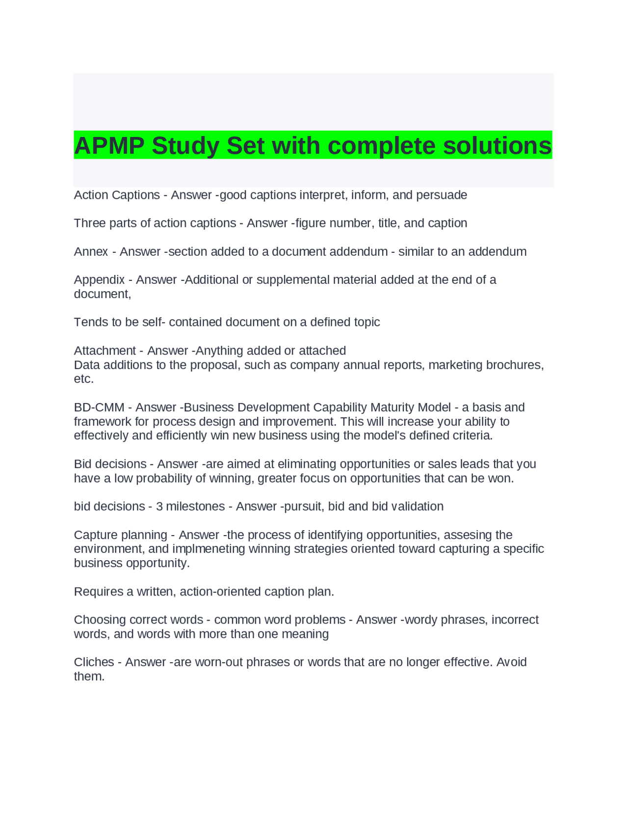 Apmp Foundation Study Guide Example APMP Study Set with Complete Solutions | Exams Advanced Education | Docsity