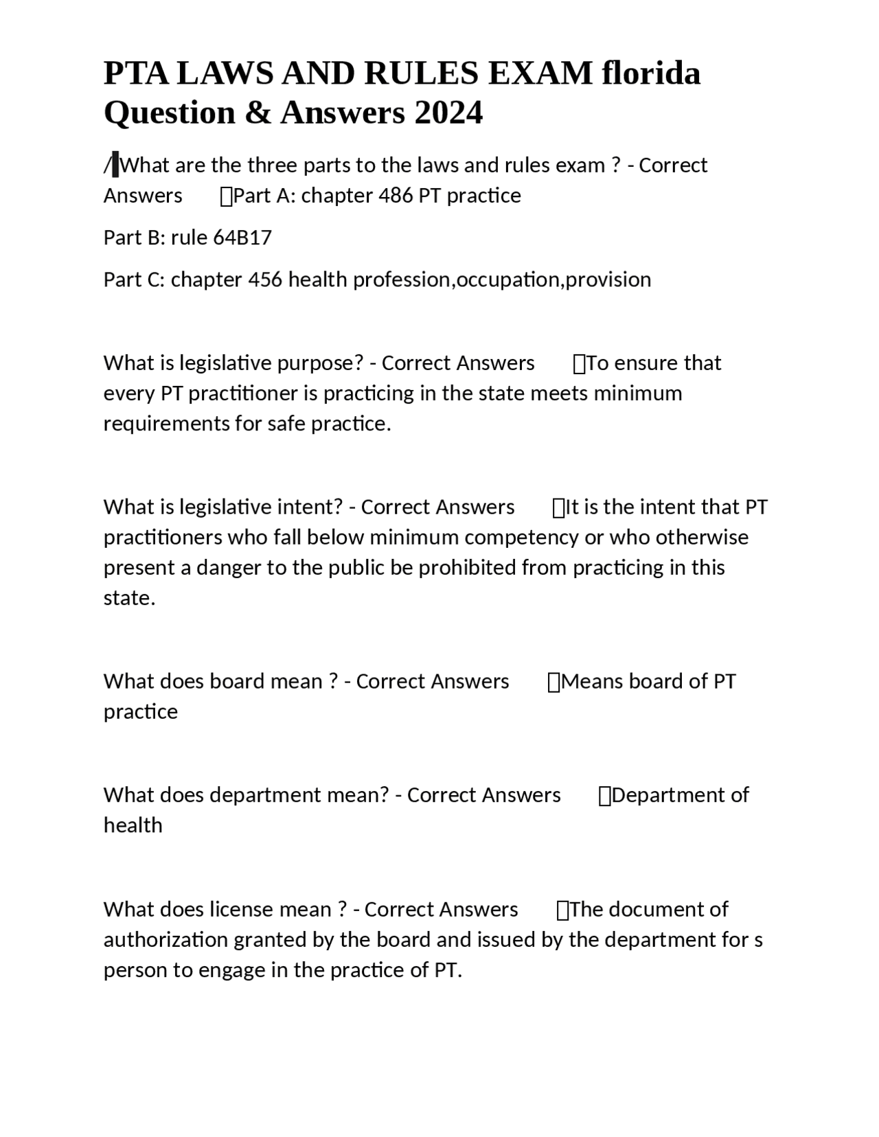PTA Laws and Rules Exam Florida Questions and Answers 2024 Exams