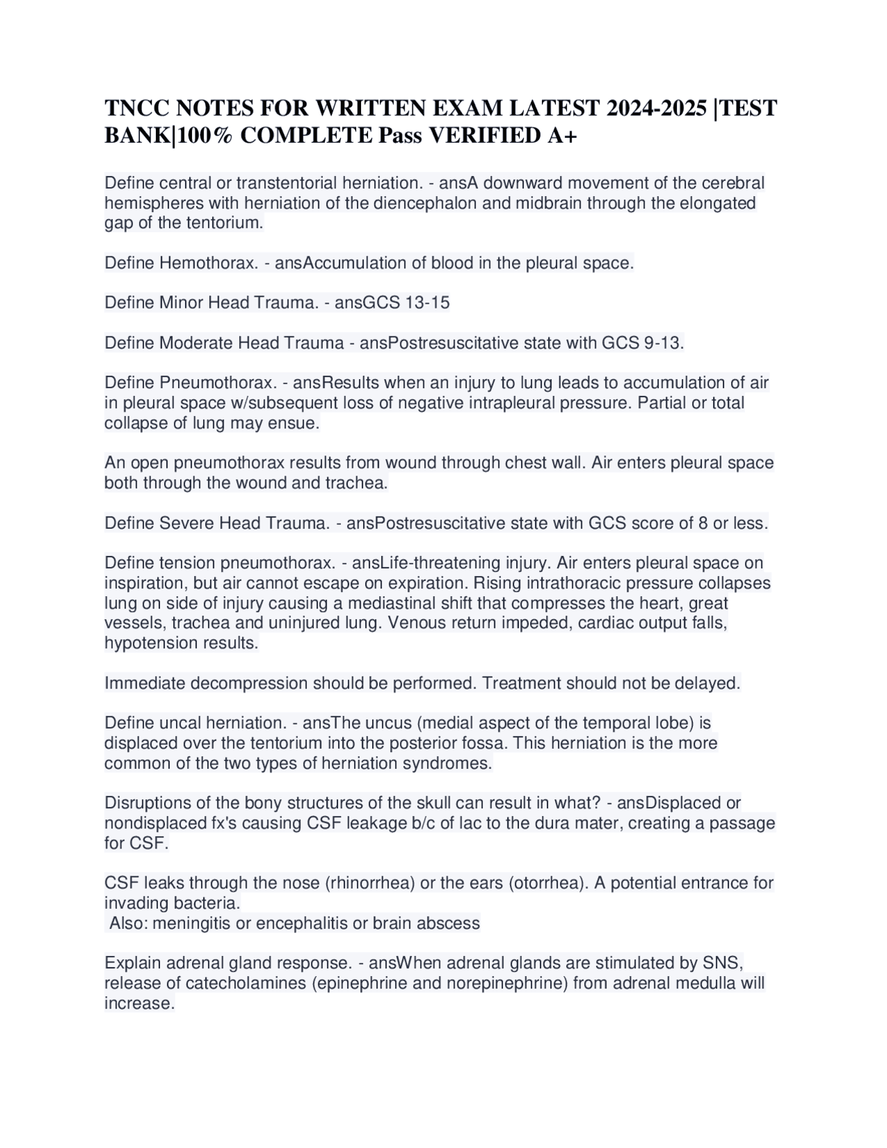 TNCC Notes for Written Exam Latest 2024-2025 | Exams Nursing | Docsity
