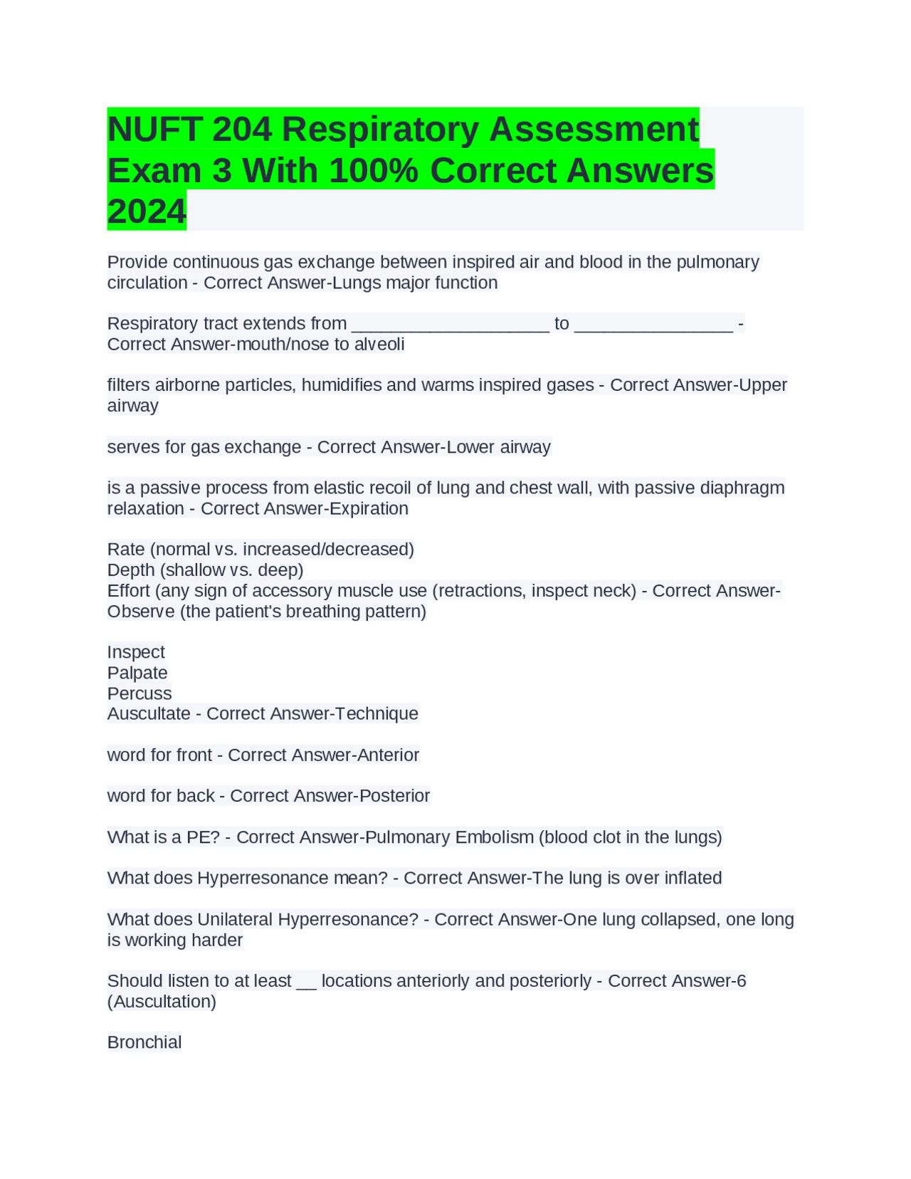 NUFT 204 Respiratory Assessment Exam 3 With 100% Correct Answers 2024 ...
