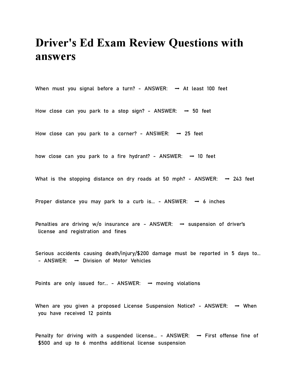 Driver's Ed Exam Review Questions with answers. | Exams Transportation ...