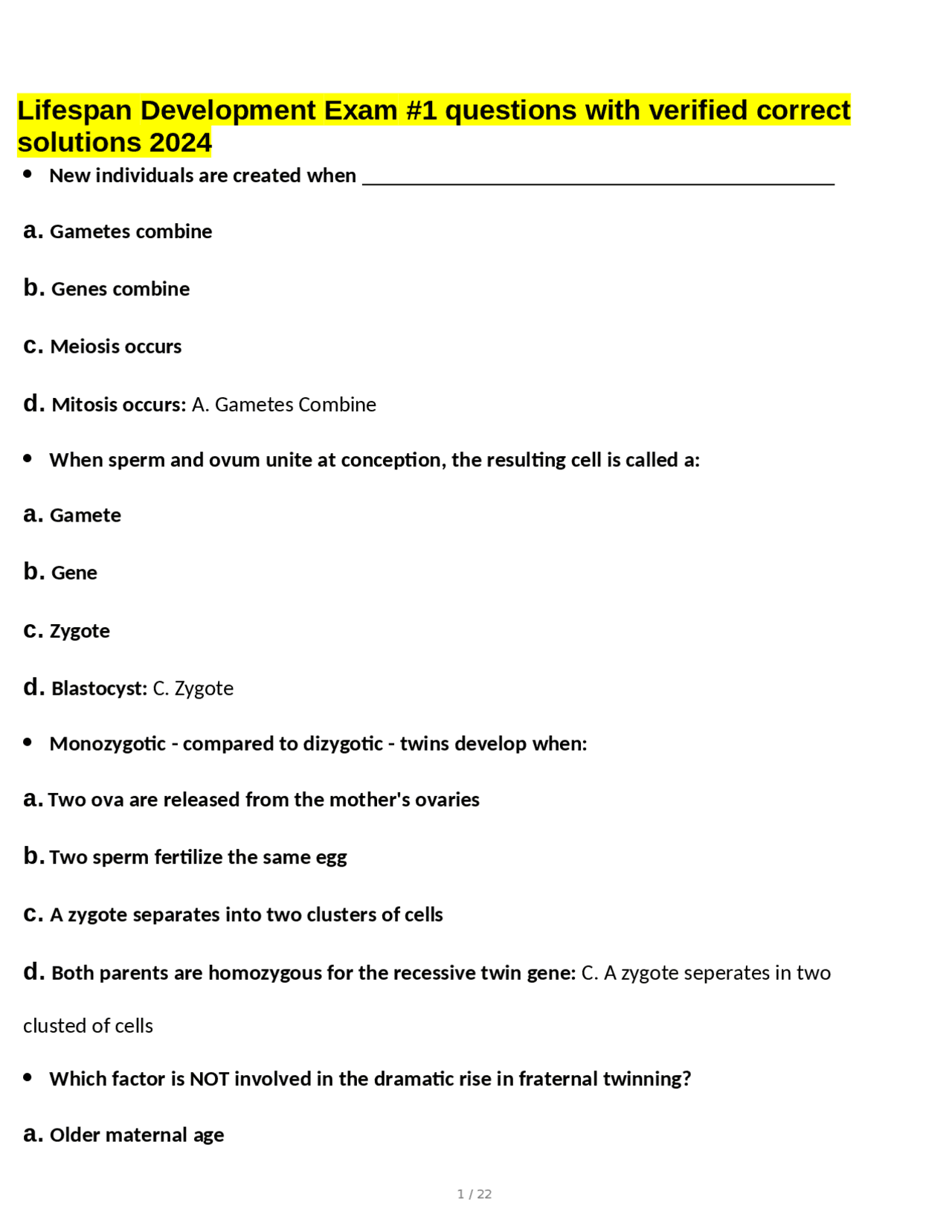 Lifespan Development Exam #1 questions with verified correct solutions 2024 | Exams Nursing ...