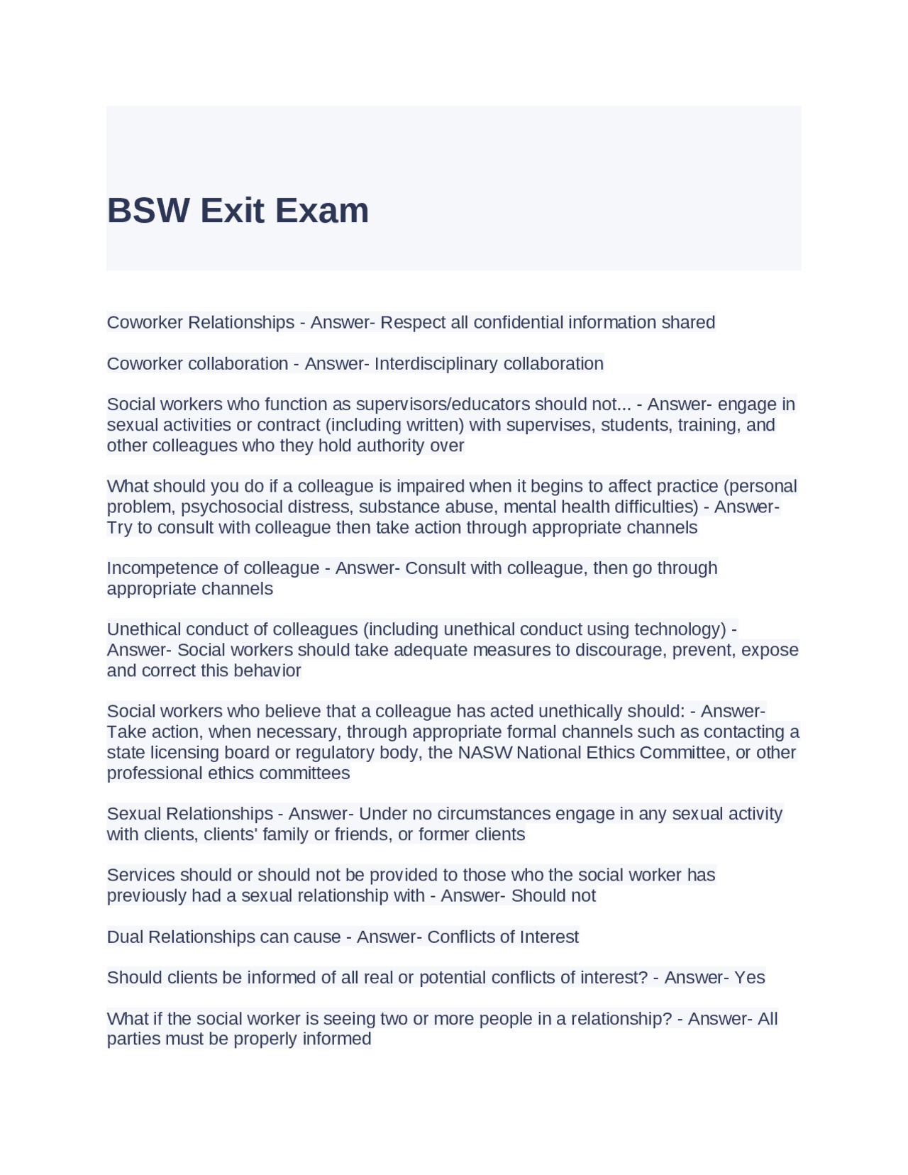 BSW Exit Exam Questions and Answers | Exams Advanced Education | Docsity