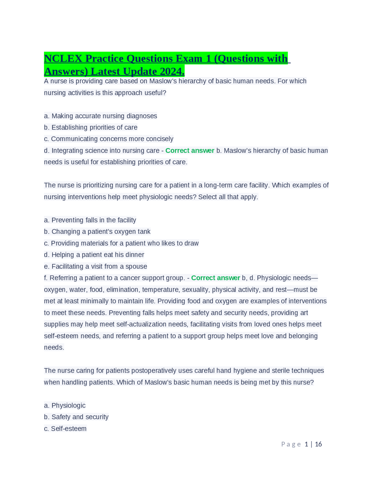 NCLEX Practice Questions Exam 1 (Questions with Answers) Latest Update ...