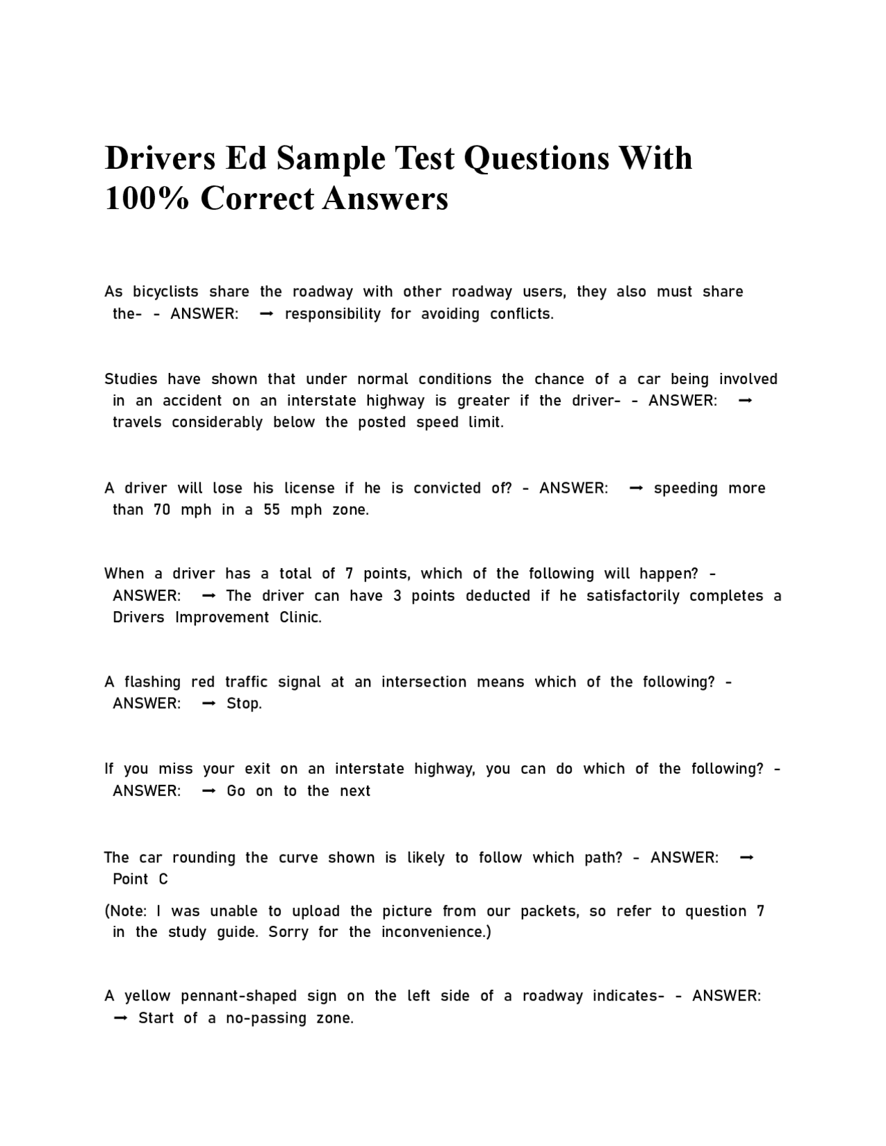 Drivers Ed Sample Test Questions With 100% Correct Answers. | Exams ...