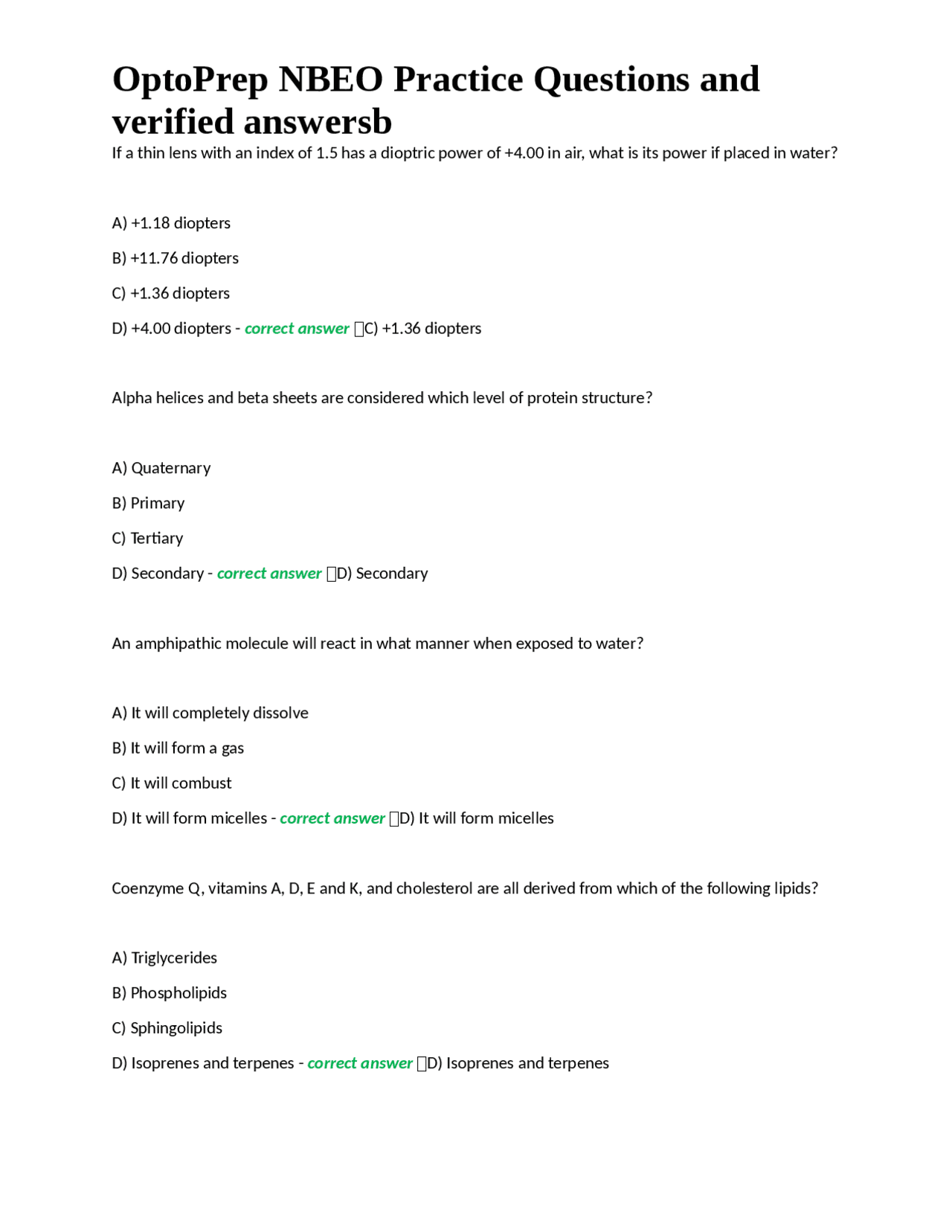 NBEO Practice Questions and Verified Answers | Exercises Nursing | Docsity
