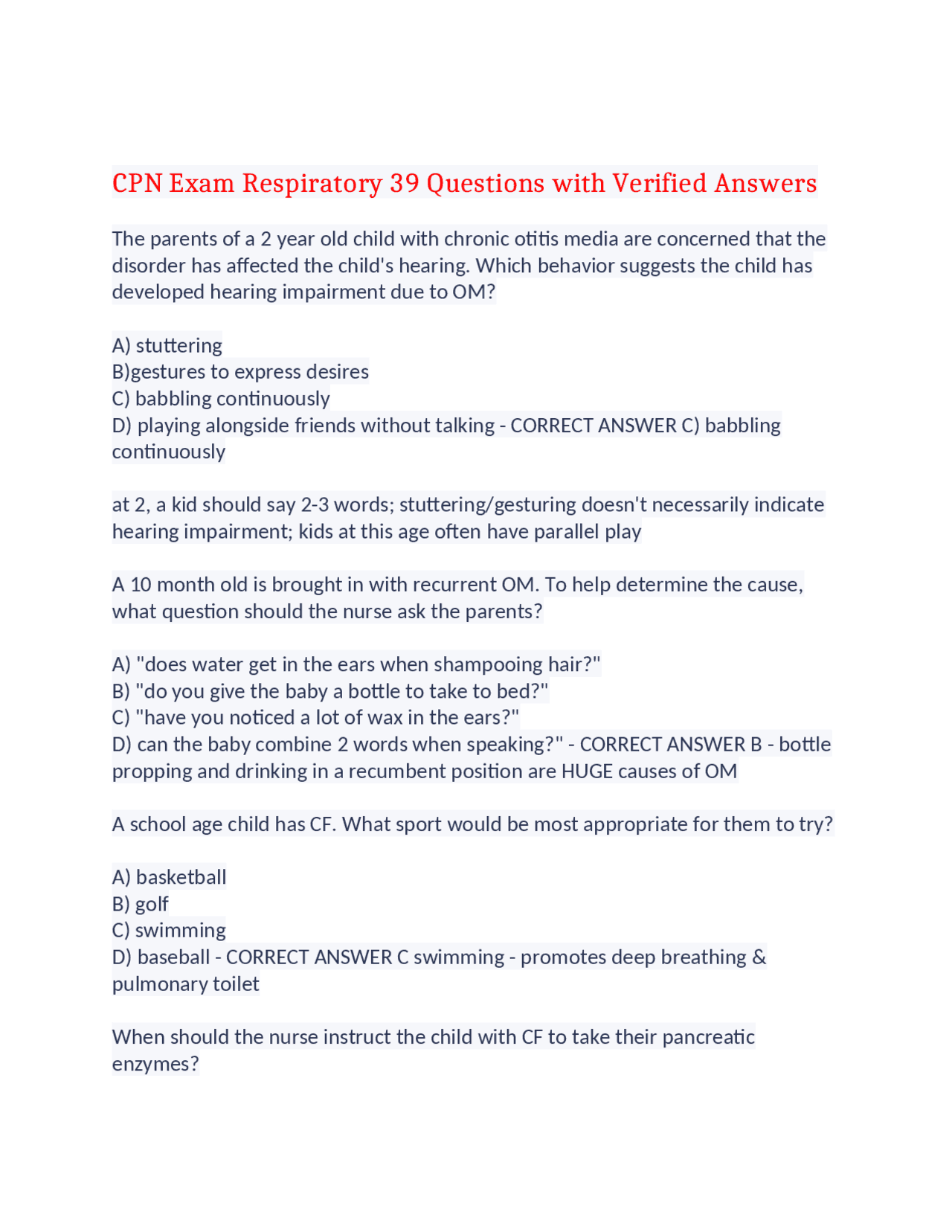 CPN Exam Respiratory 39 Questions with Verified Answers,100% CORRECT ...