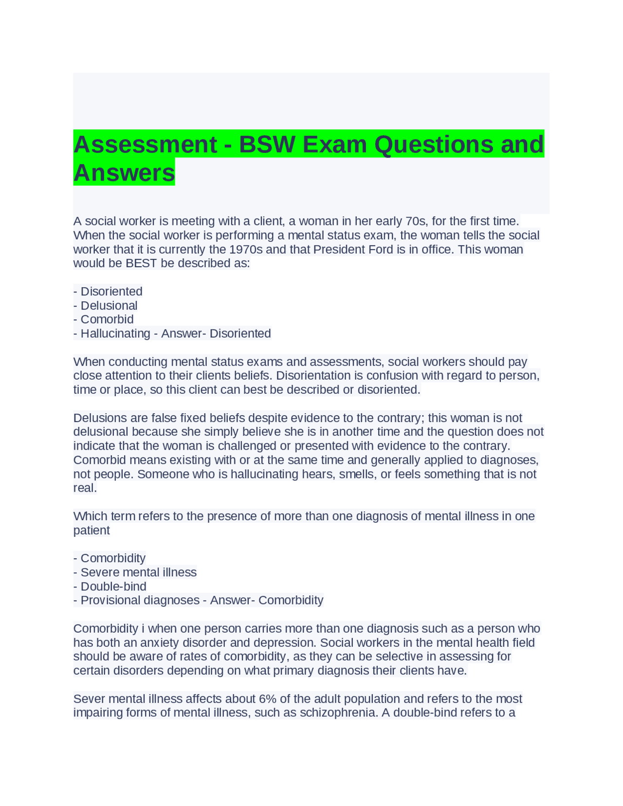 Assessment - BSW Exam Questions and Answers | Exams Advanced Education ...