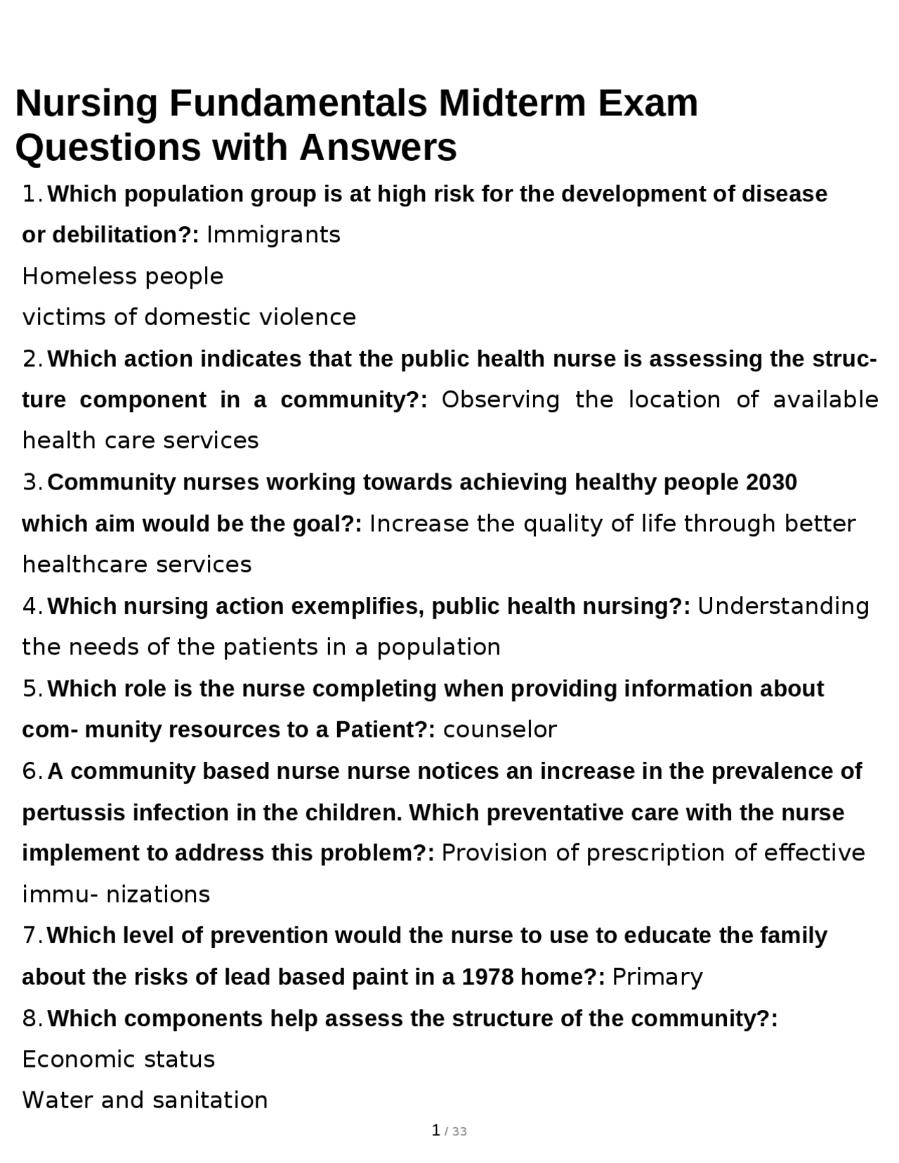 Nursing Fundamentals Midterm Exam Questions with Answers | Exams ...
