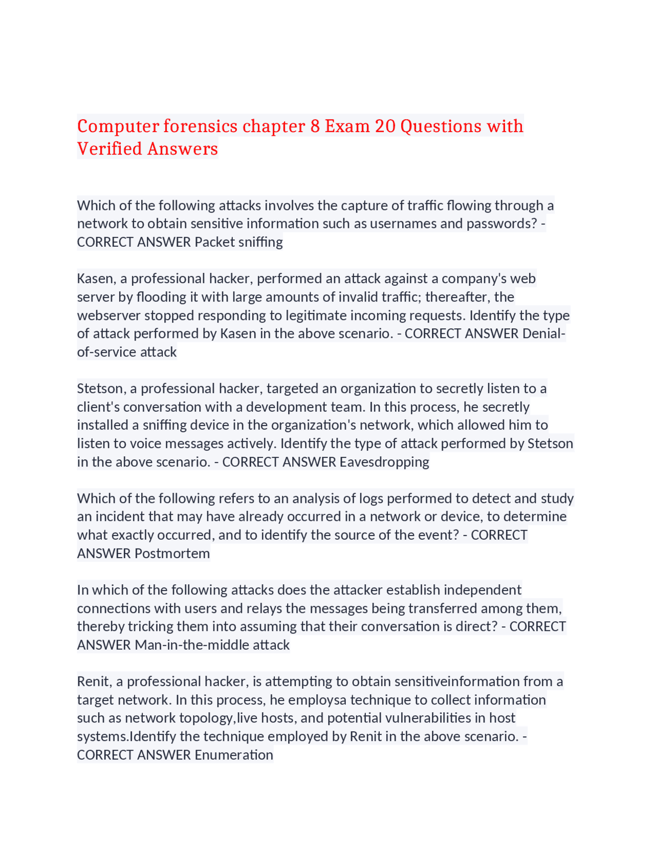 Computer Forensics Exam Questions and Answers | Exams Forensics | Docsity
