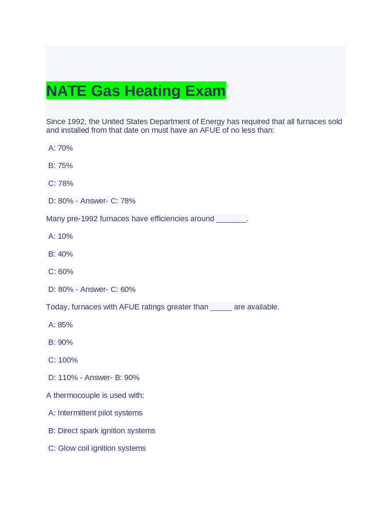 NATE Gas Heating Exam Exams Advanced Education Docsity