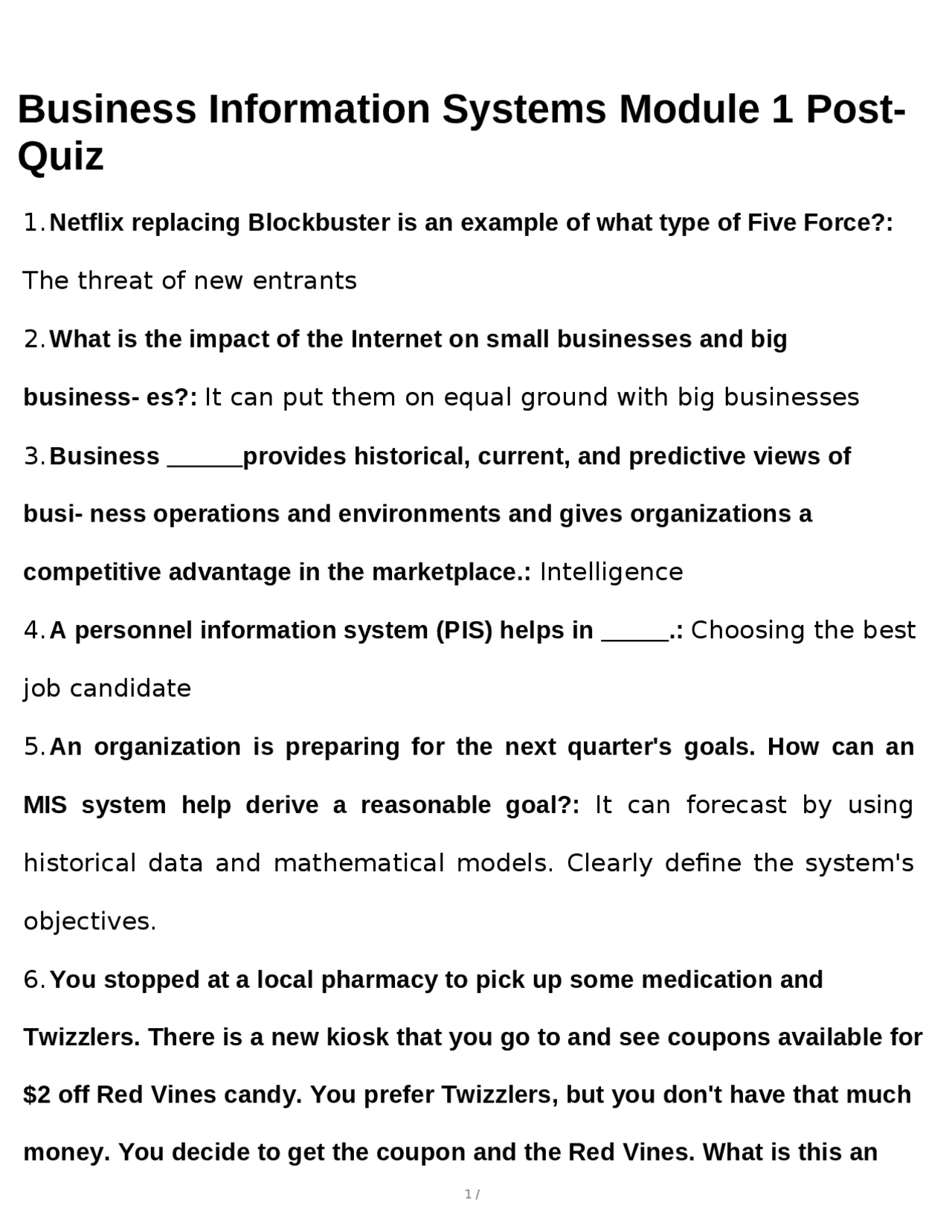 Business Information Systems Module 1 Post-Quiz | Exams Business ...
