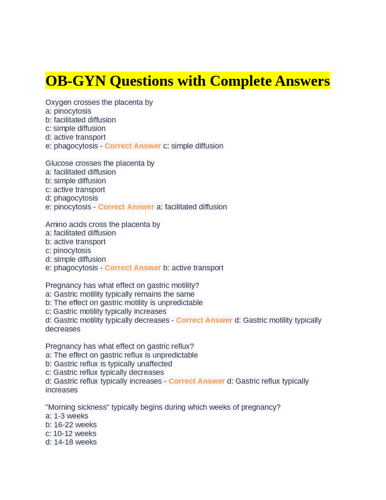 OB-GYN Questions with Complete Answers | Exams Nursing | Docsity