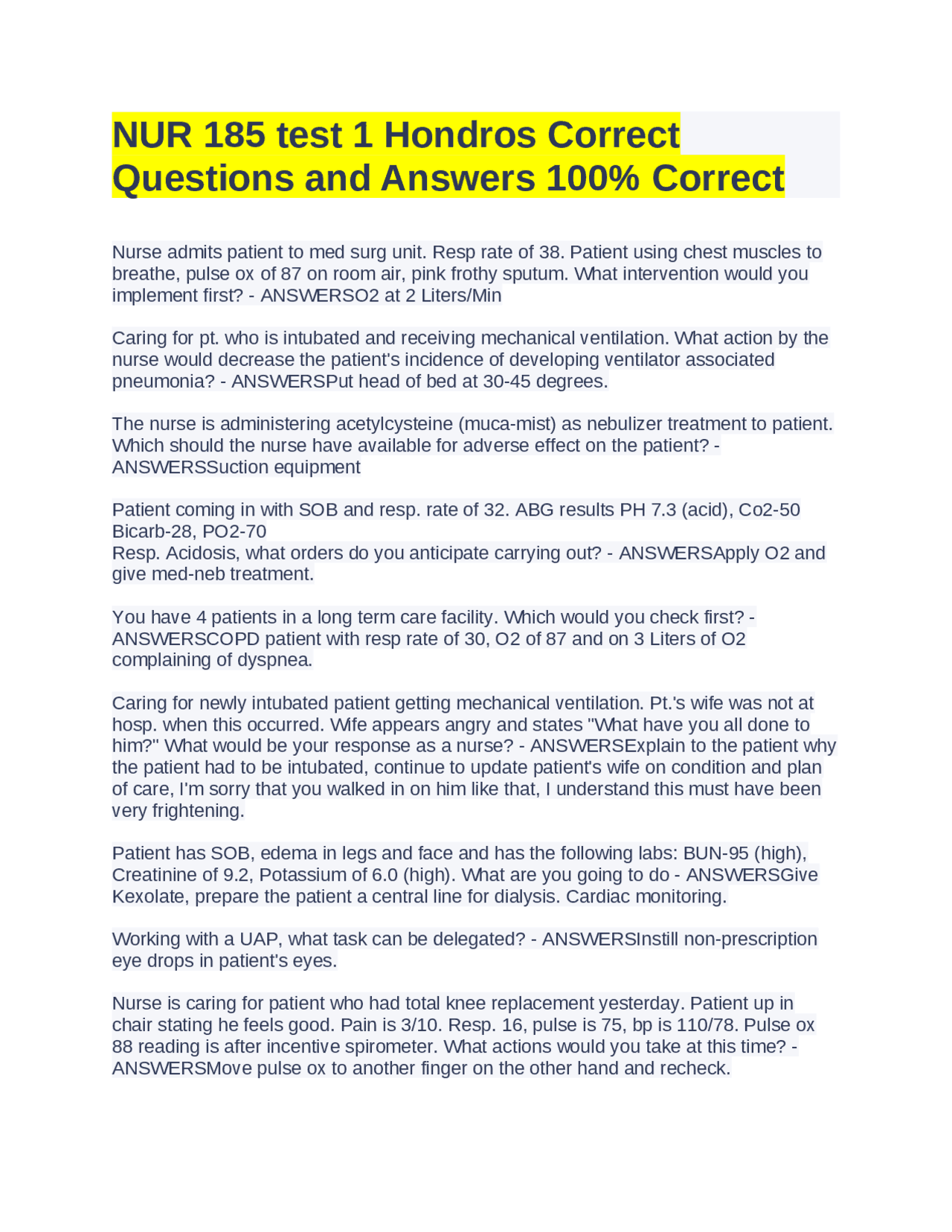 NUR 185 test 1 Hondros Correct Questions and Answers 100% Correct ...
