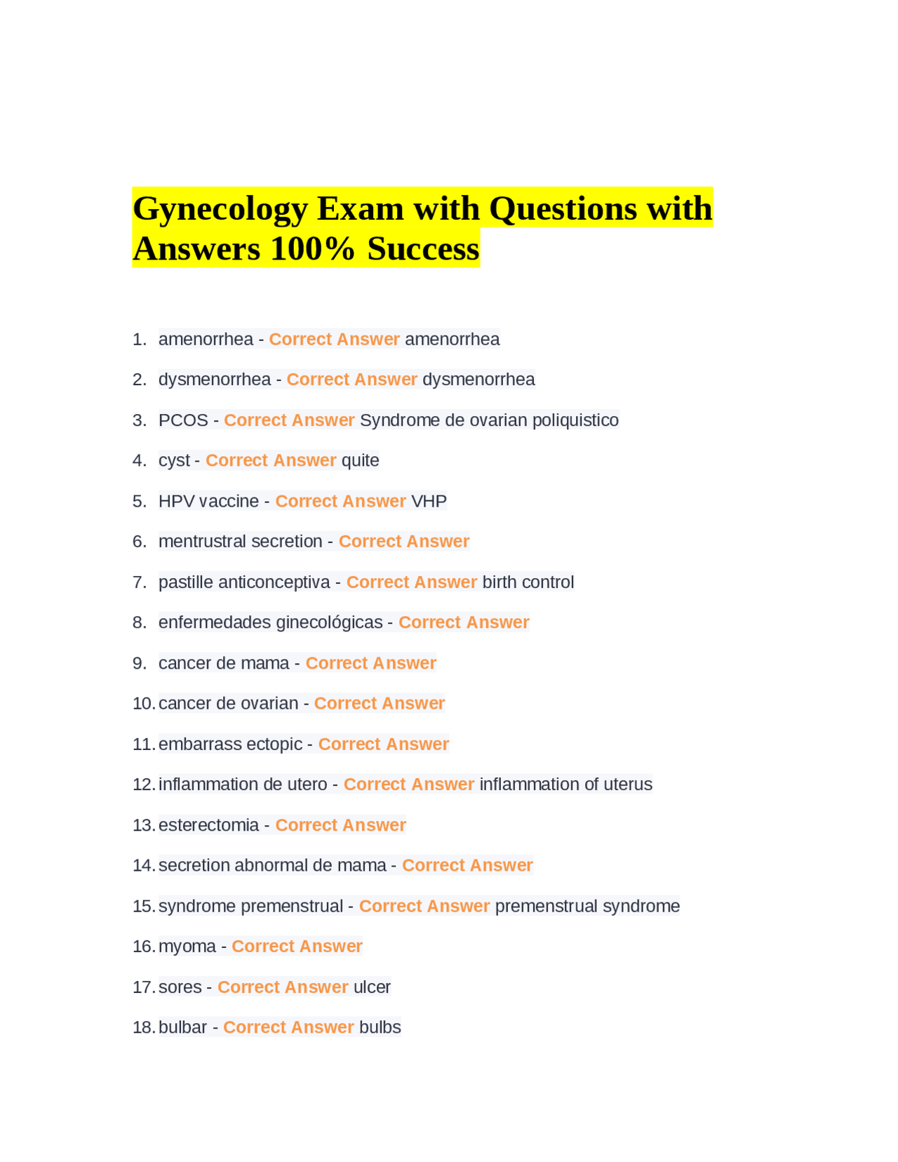 Gynecology Exam With Questions And Answers Exams Nursing Docsity