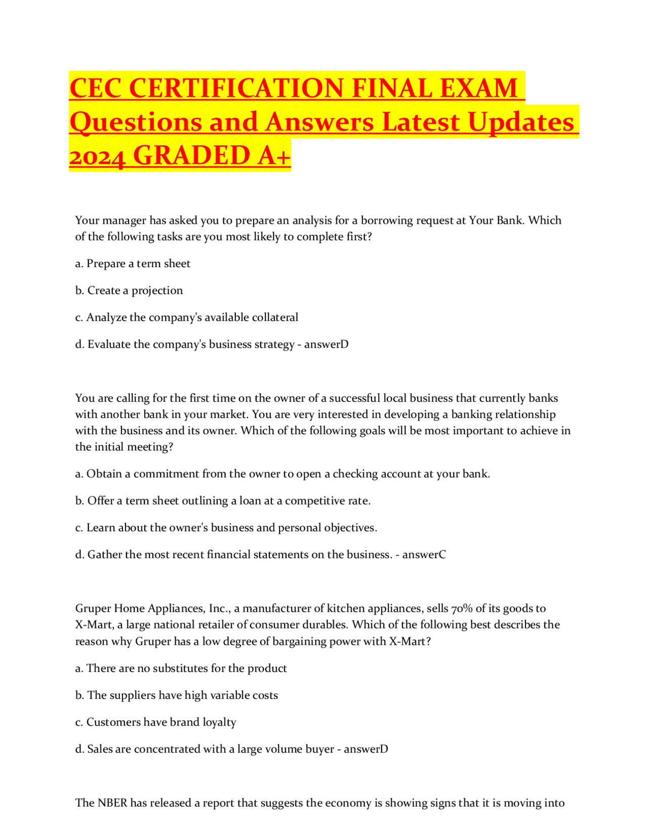 CEC CERTIFICATION FINAL EXAM Questions and Answers Latest Updates 2024 ...