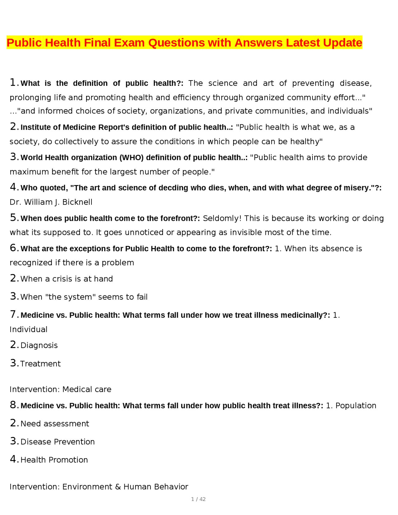 Public Health Final Exam Questions with Answers Latest Update | Exams ...