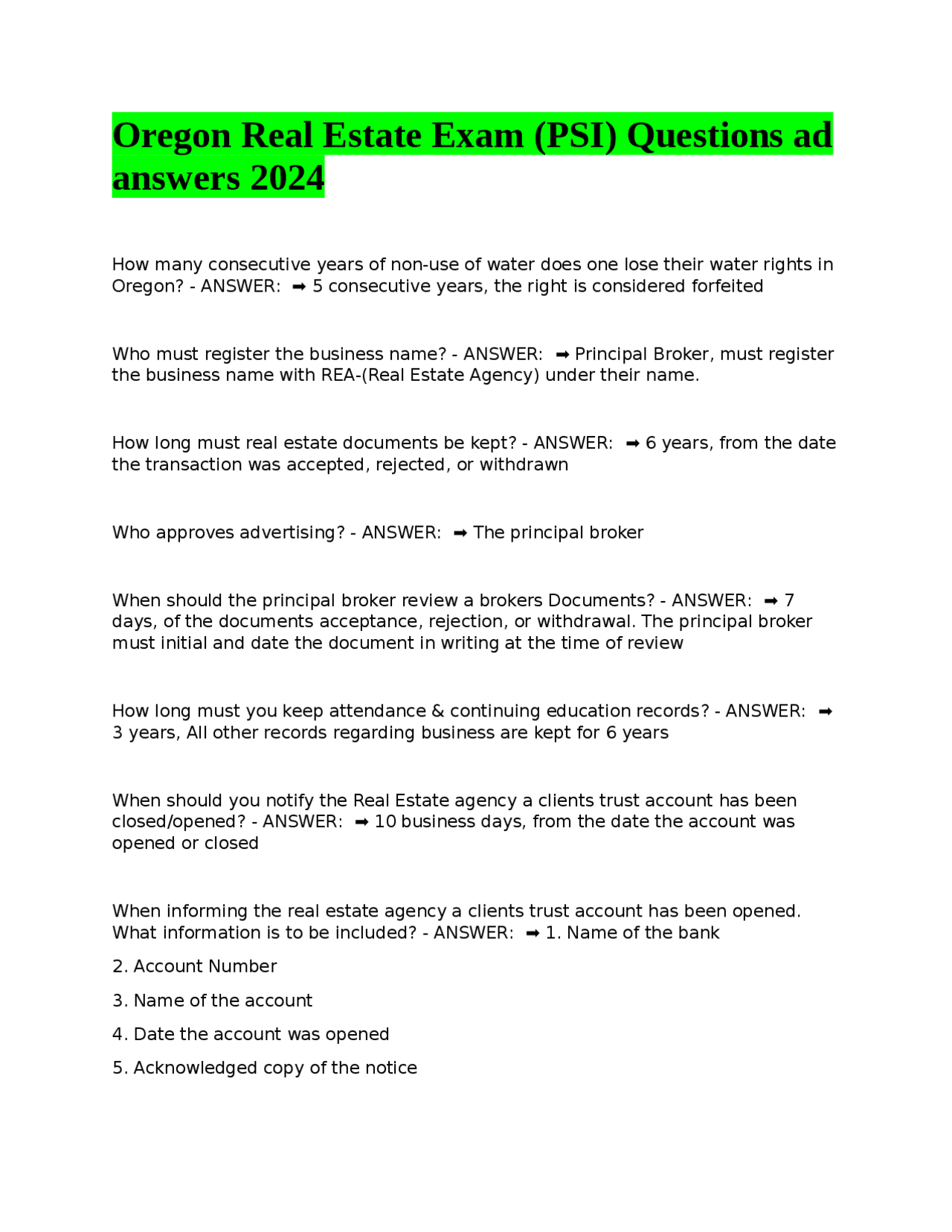 Oregon Real Estate Exam (PSI) Questions and Answers 2024 Exams Real