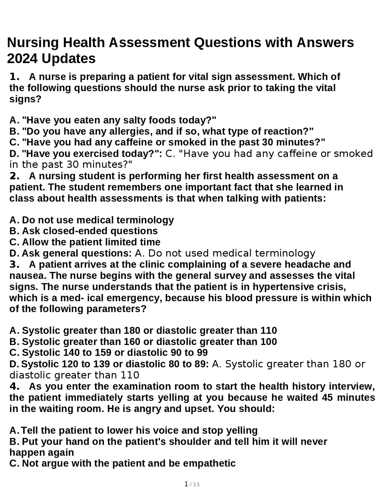 Nursing Health Assessment Questions with Answers 2024 Updates | Exams ...