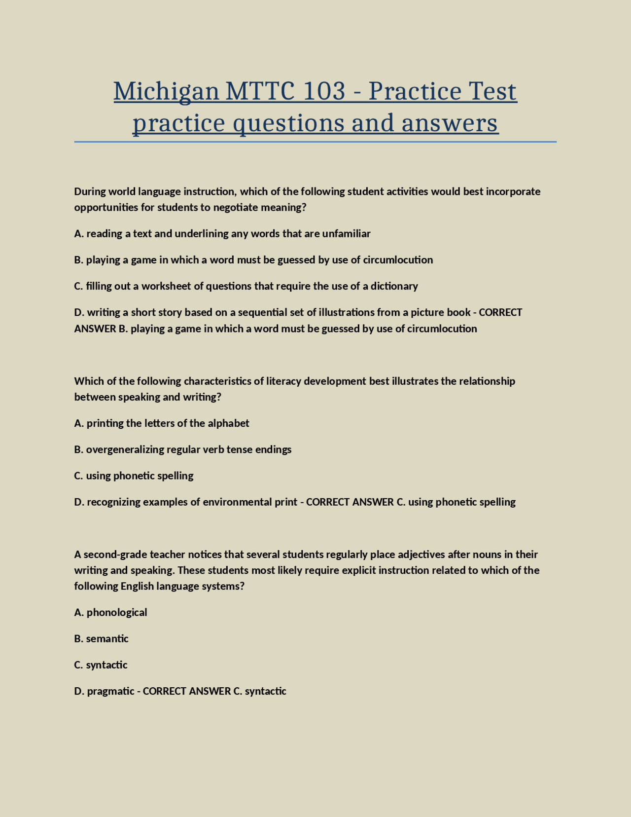 Michigan MTTC 103 - Practice Test practice questions and answers ...