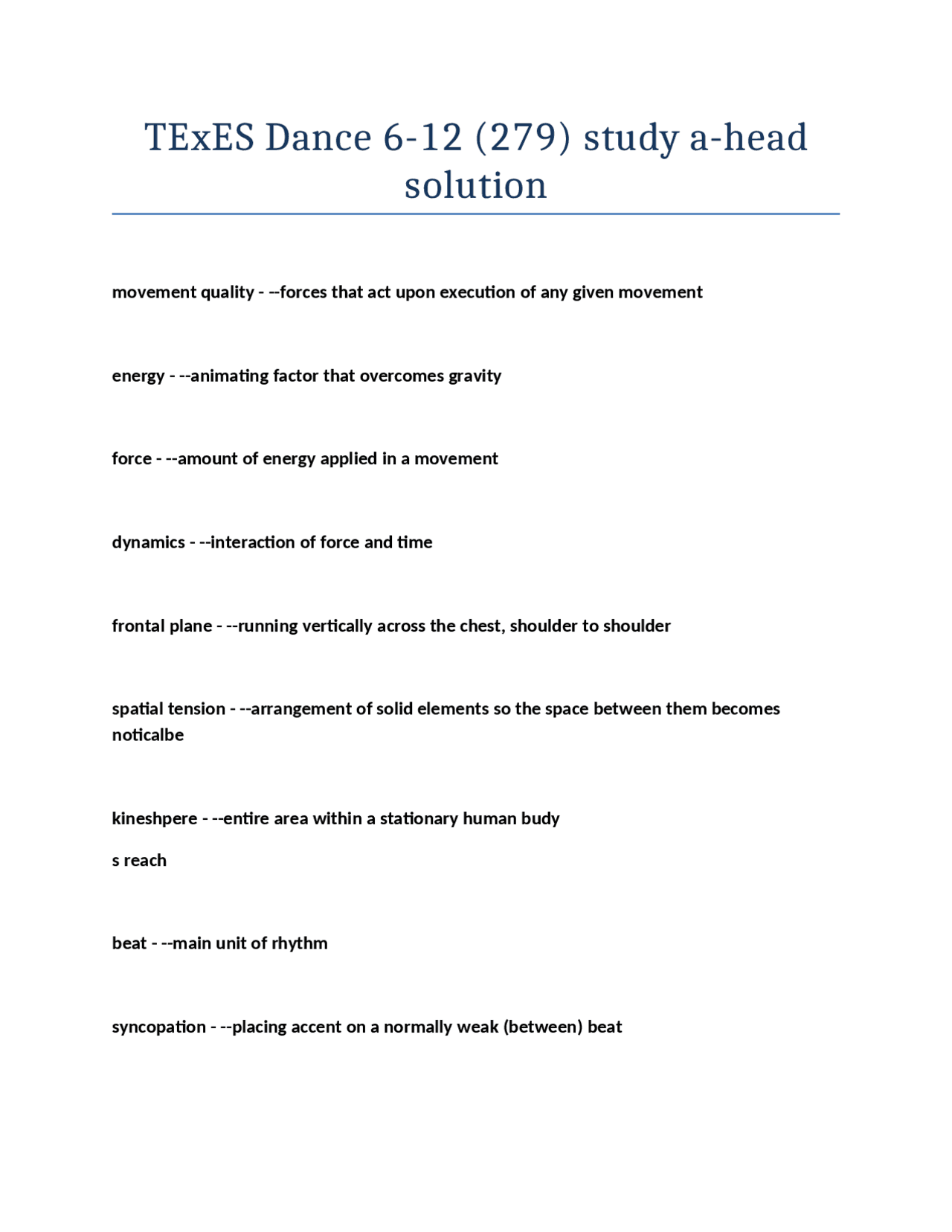 TExES Dance 6-12 (279) study a-head solution | Exams Dance | Docsity
