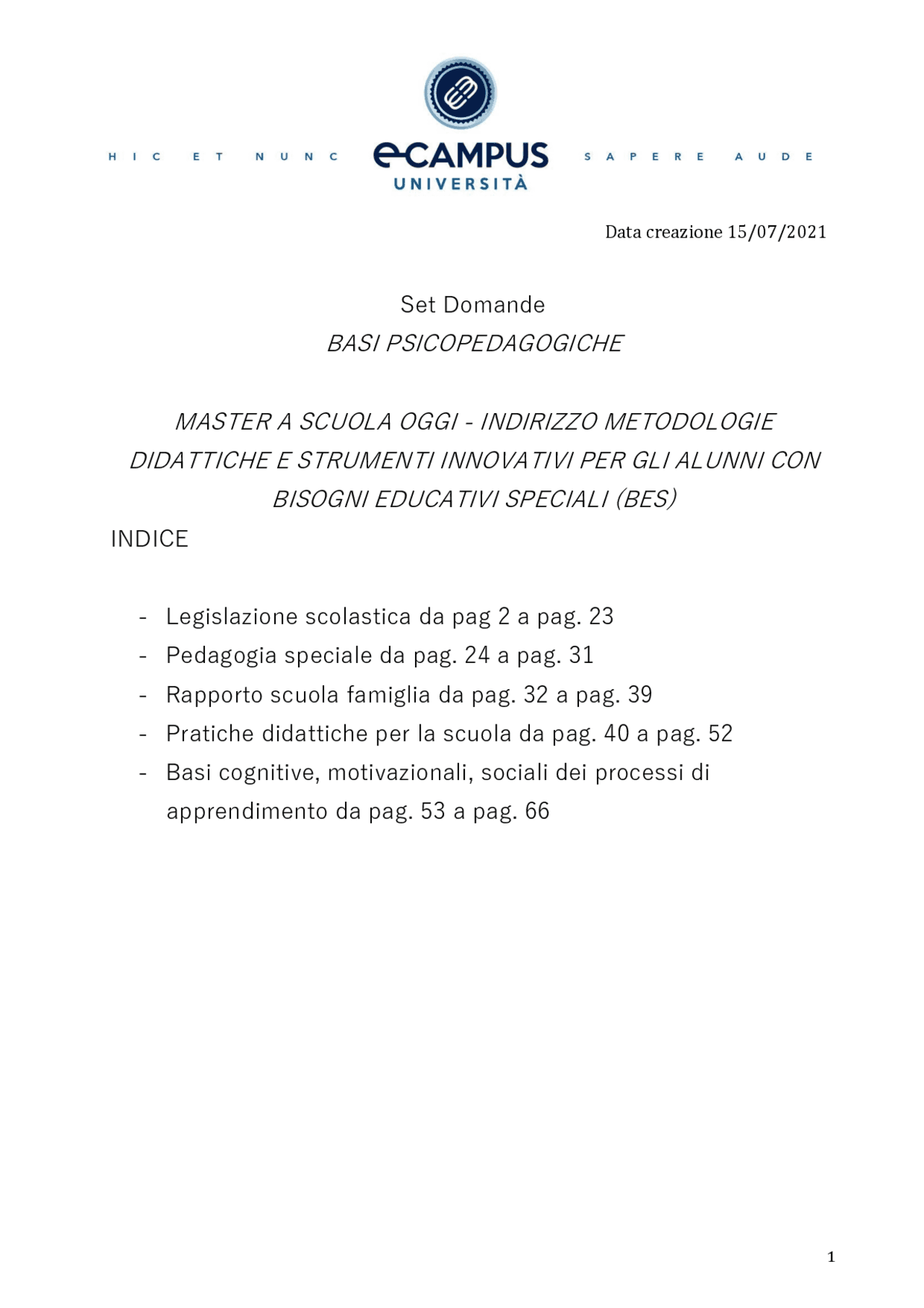 Master Bes Ecampus - Set Domande BASI PSICOPEDAGOGICHE | Panieri di ...