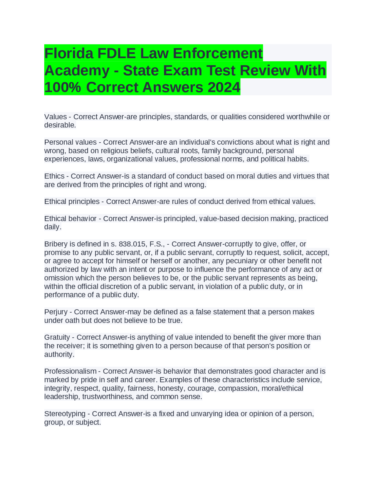 Fdle State Test Florida FDLE Law Enforcement Academy - State Exam Test Review With 100% ...