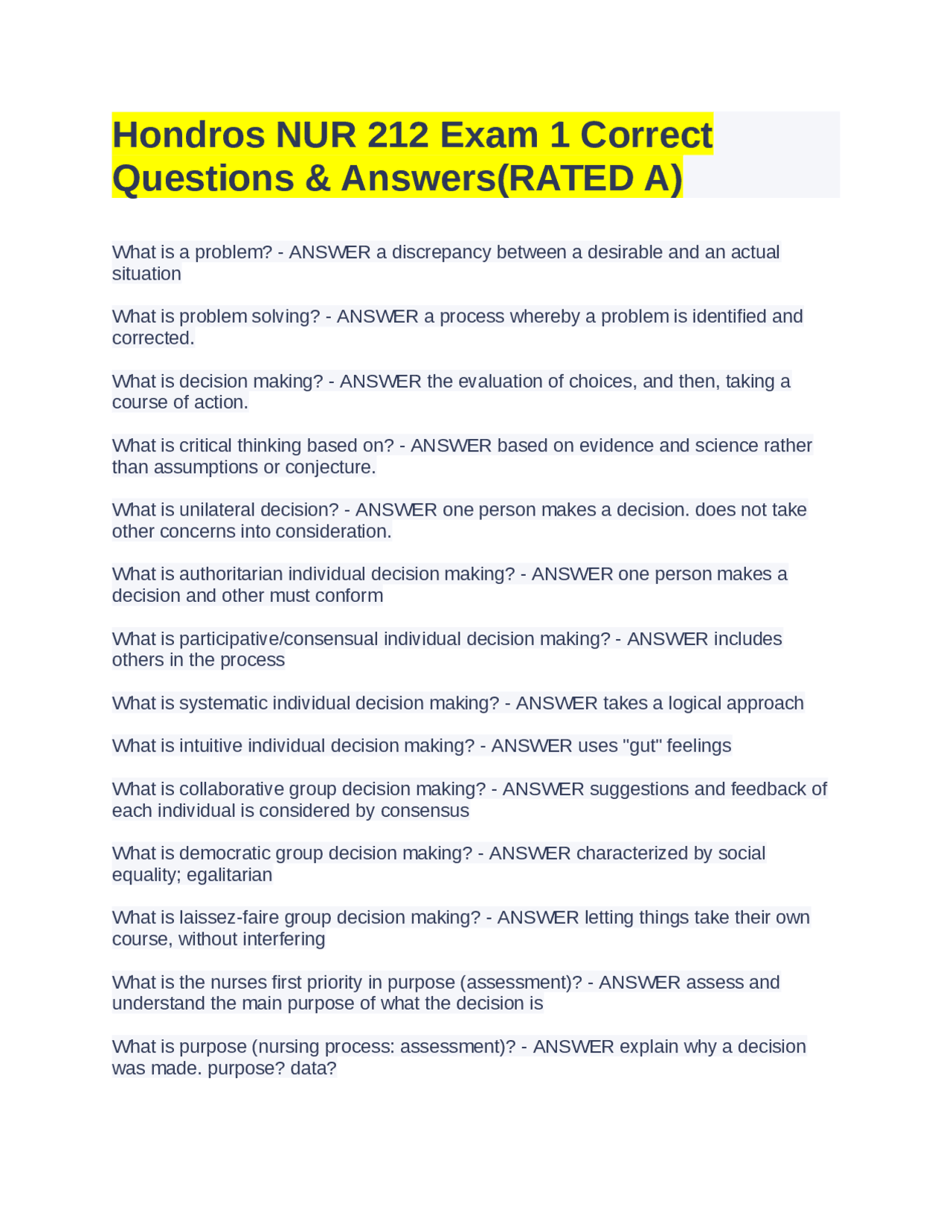 Hondros NUR 212 Exam 1 Correct Questions & Answers(RATED A) | Exams ...
