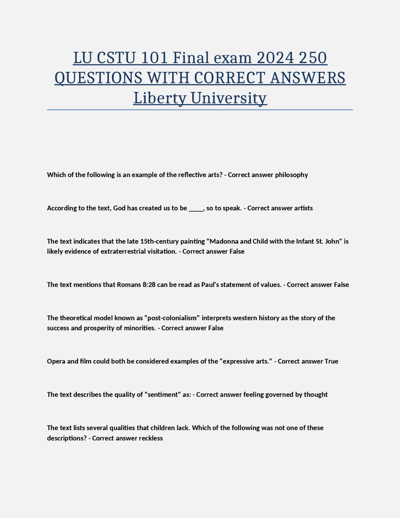 LU CSTU 101 Final exam 2024 250 QUESTIONS WITH CORRECT ANSWERS Liberty ...