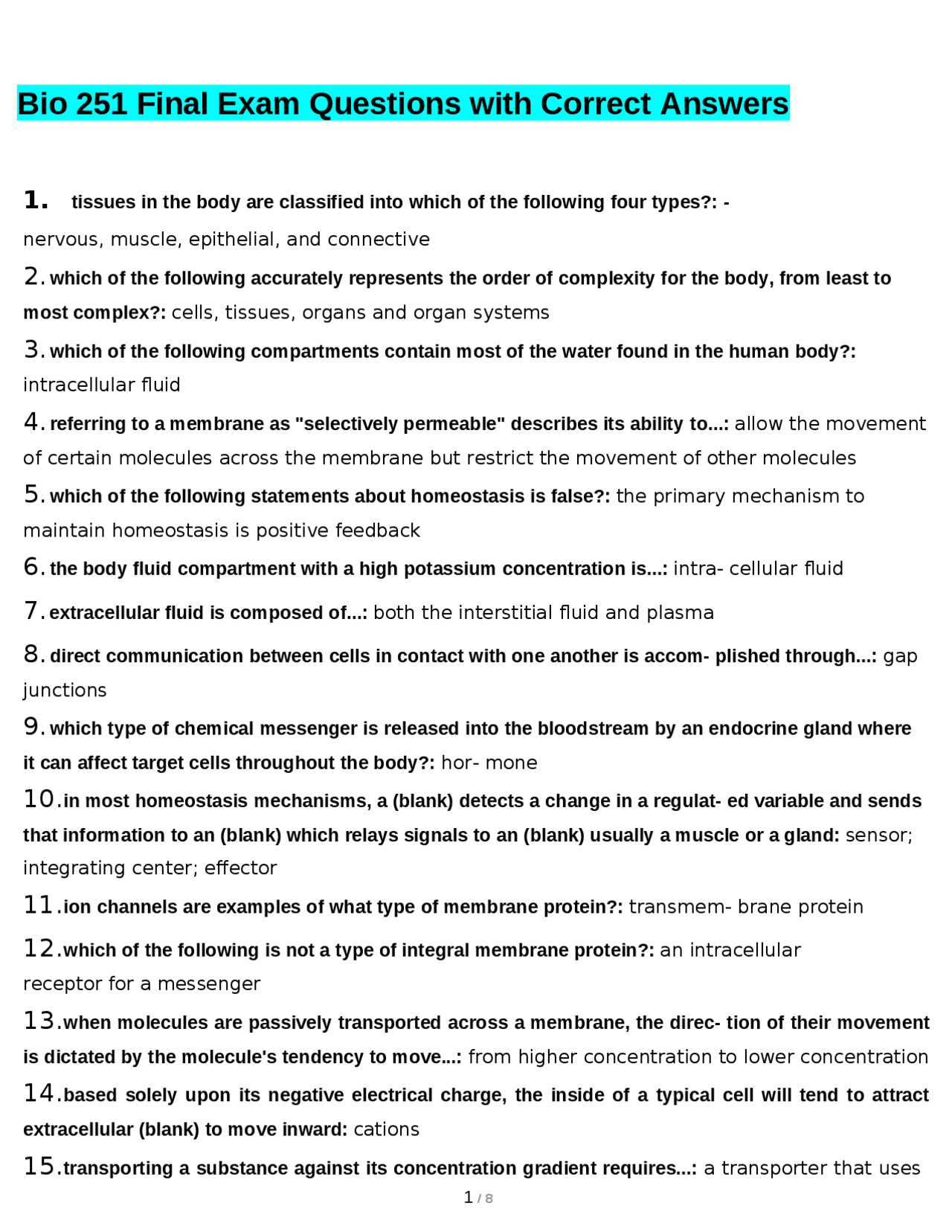 Bio 251 Final Exam Questions with Correct Answers | Exams Biology | Docsity