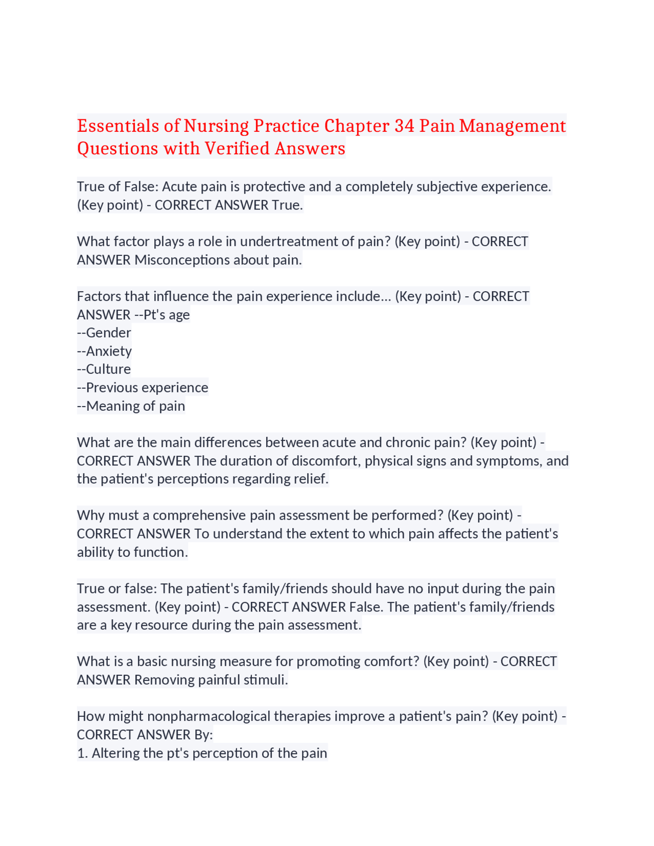 Essentials of Nursing Practice: Pain Management | Exams Nursing | Docsity