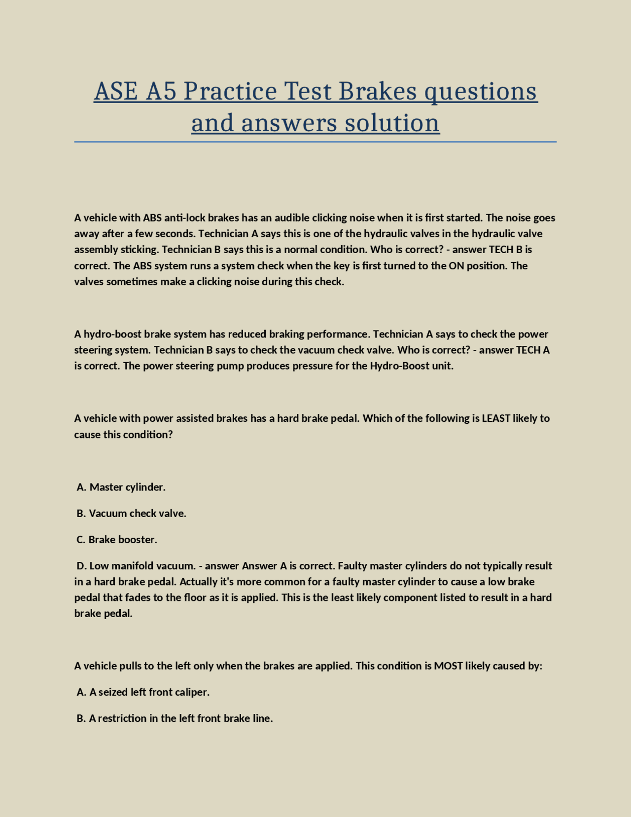 ASE A5 Practice Test Brakes Questions and Answers | Exams Engineering ...